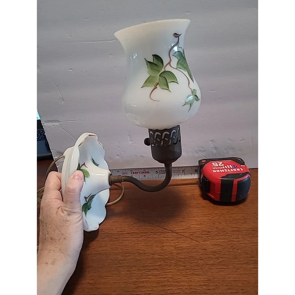 Vintage Ivy Hand Painted Milk Glass Wall Sconce Lamp Green Leaves Works